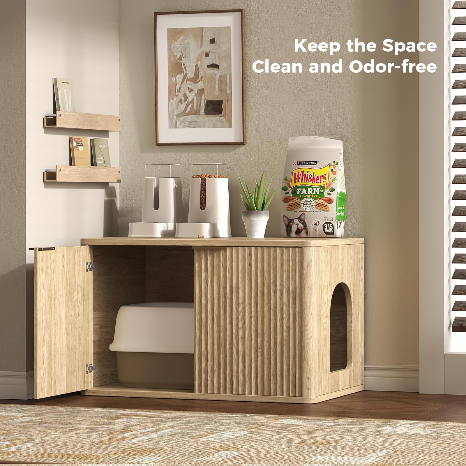Hootata 31.5-inch oak cabinet fits most litter boxes and reduces mess