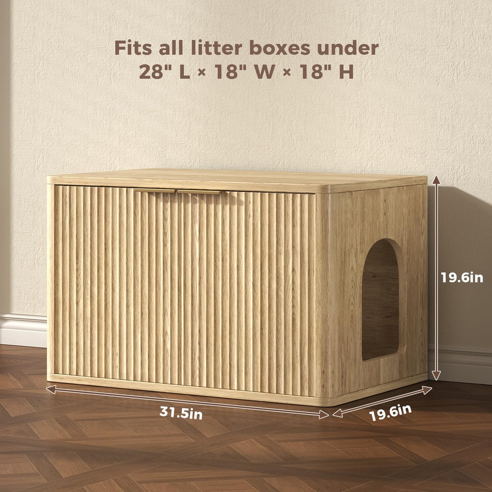 Hootata 31.5-inch oak litter box enclosure side view highlighting grooved panels