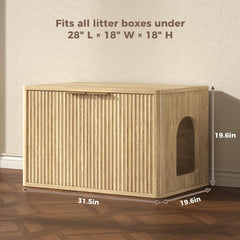 Hootata 31.5-inch oak litter box enclosure side view highlighting grooved panels
