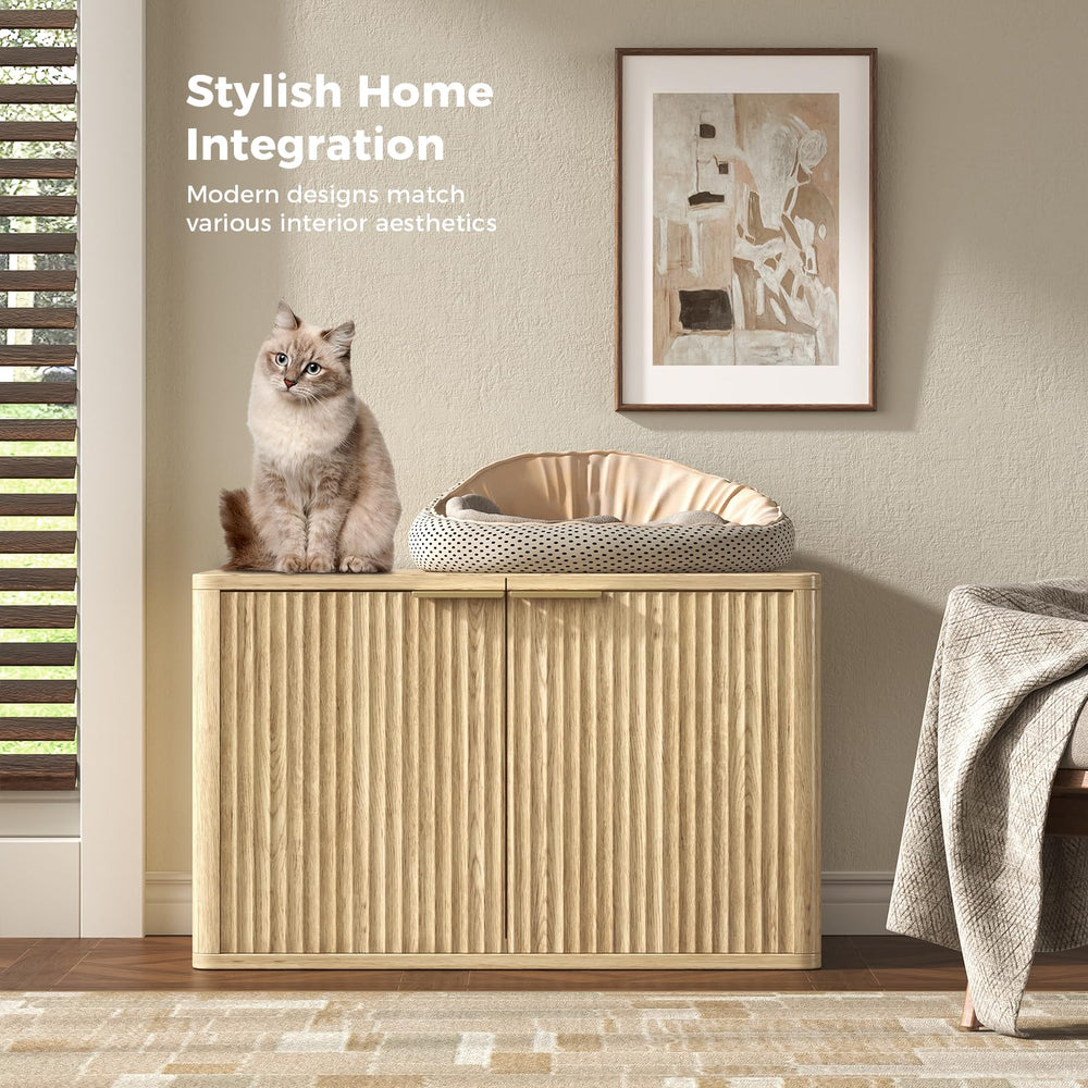 Hootata lid-open view of 31.5-inch oak litter box enclosure