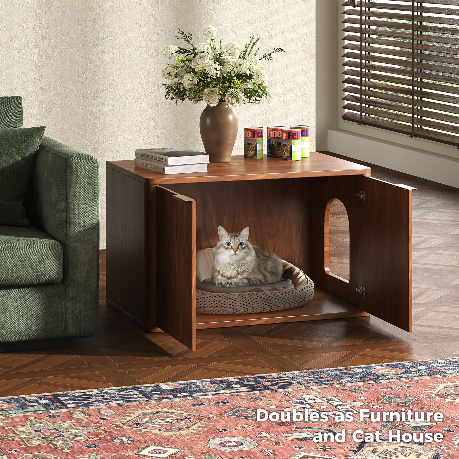Hootata walnut litter box enclosure ready for assembly with clear instructions.