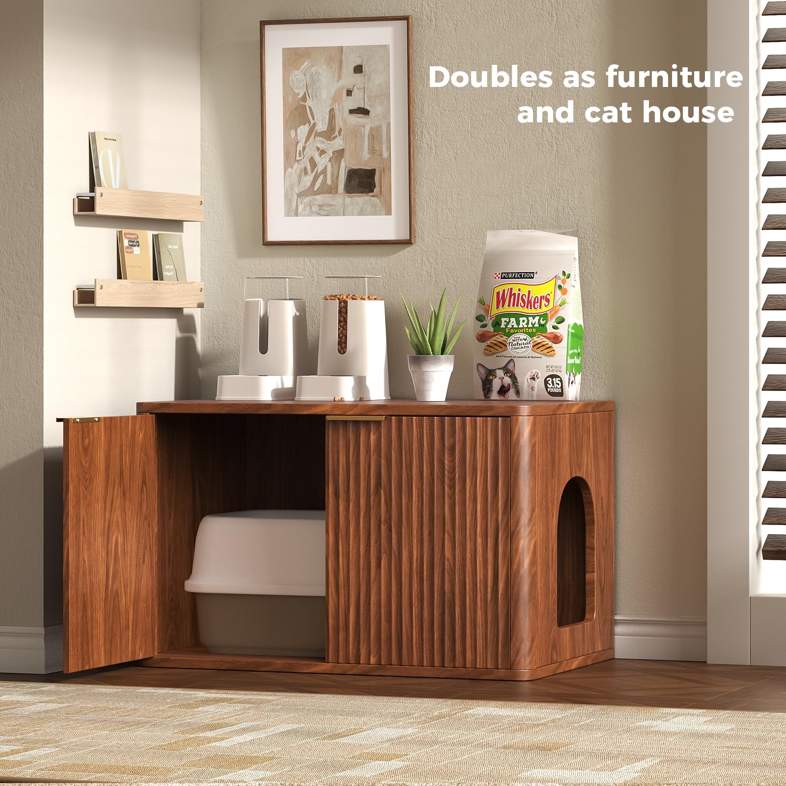 Hootata walnut litter box enclosure dog-proof entry keeps pets out.