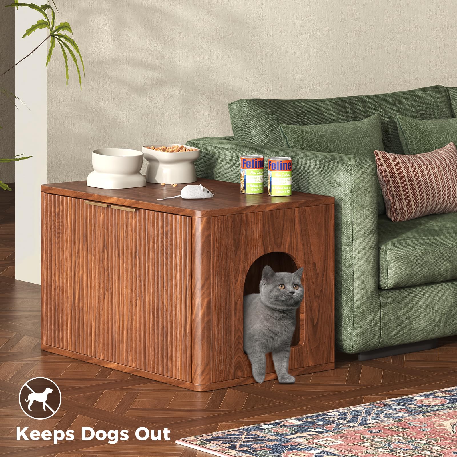 Hootata walnut litter box enclosure grooved design enhances modern rustic appeal.