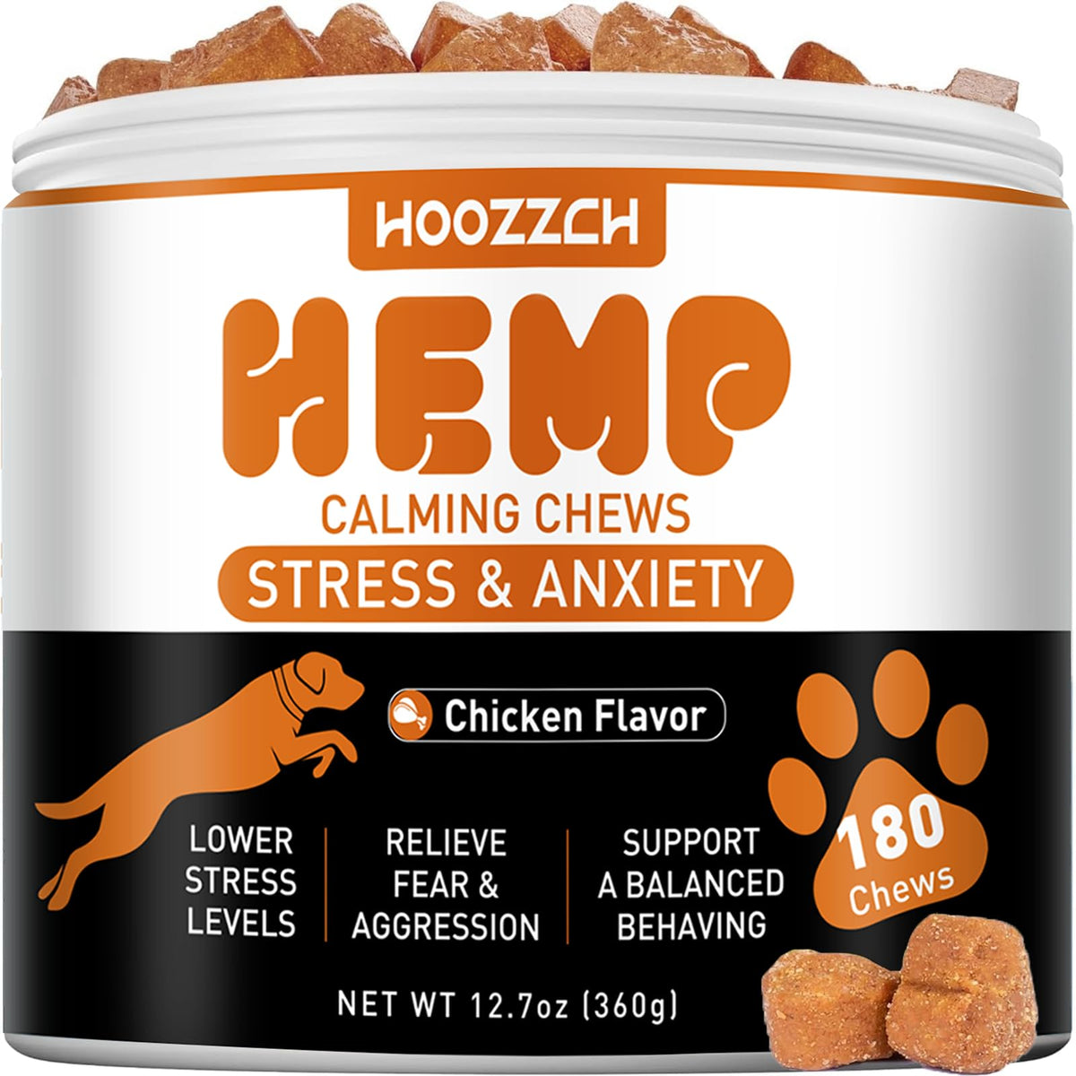 Hoozzch hemp calming chews for dogs in bottle, ready for anxious moments.