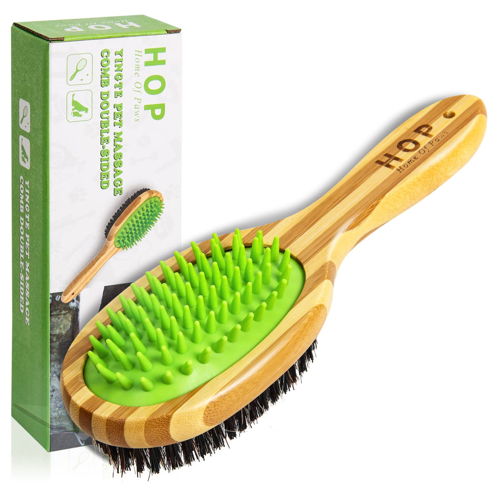 Hop Home of Paws two‑sided dog brush with silicone head for gentle detangling and massage.