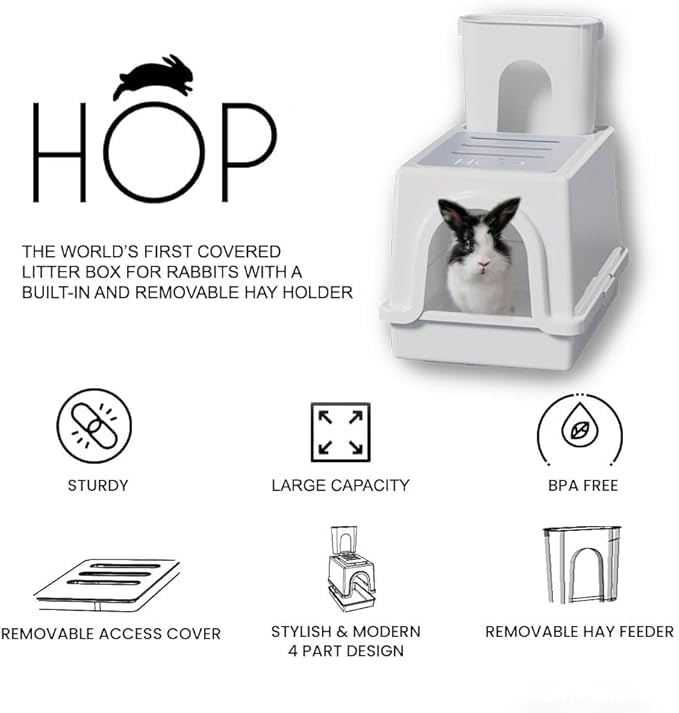 HOP Rabbit Litter Box spill-proof tray reduces mess during hay refills.