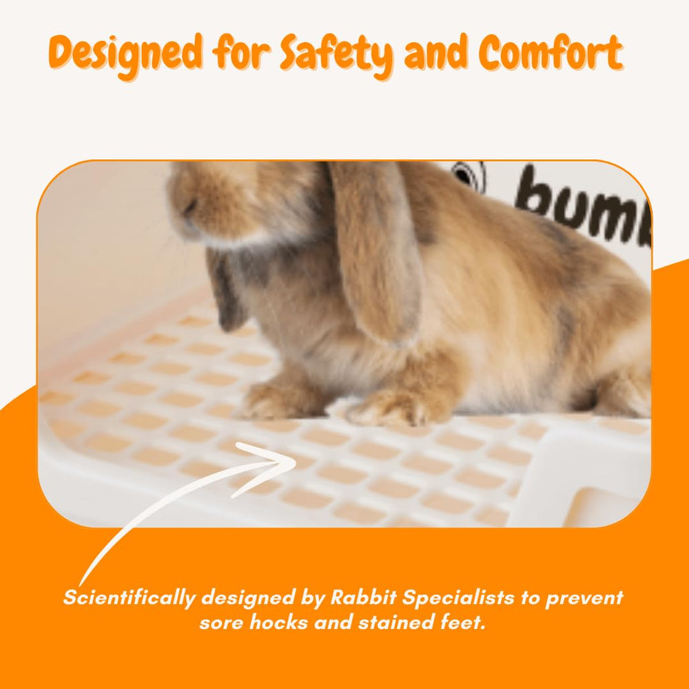 HoppScotch.bun Bumbox large rabbit litter box cream dump tray feature.