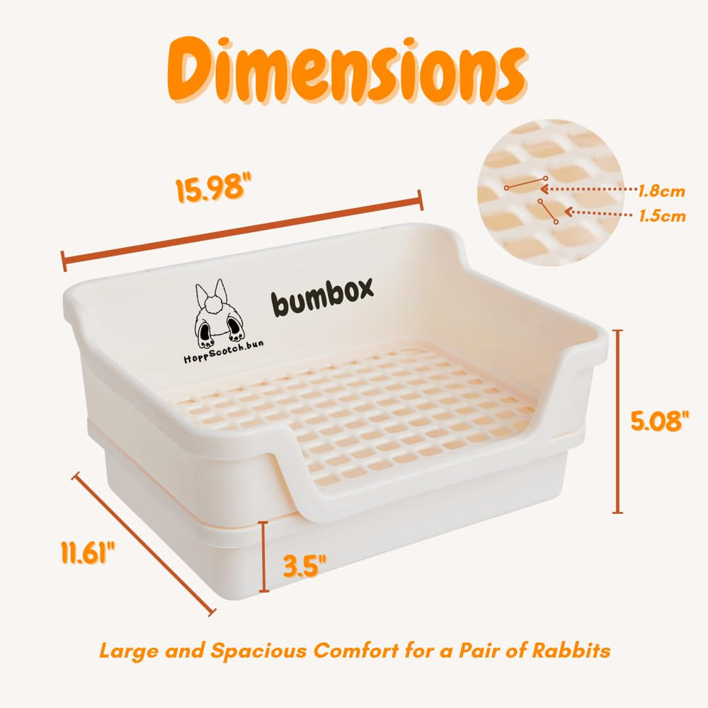 HoppScotch.bun Bumbox large rabbit litter box cream in-cage angle for training.