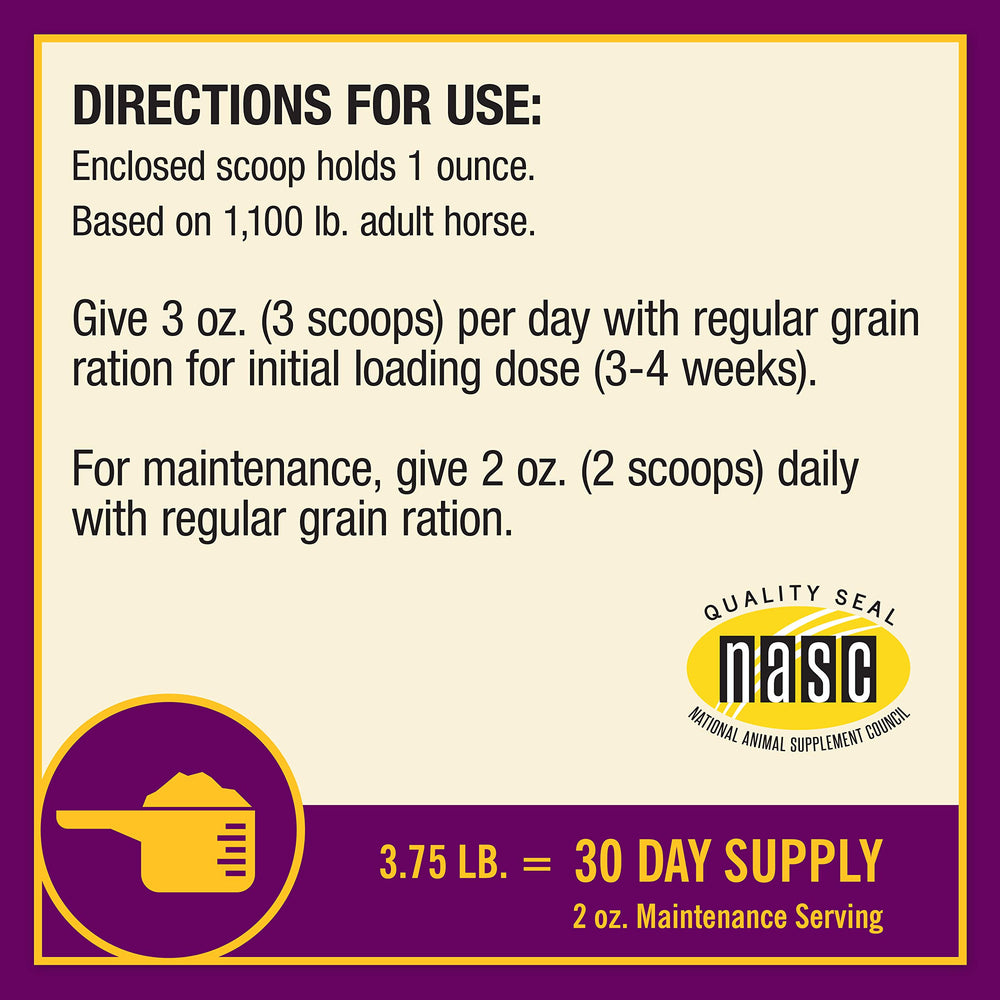 64-day supply of Horse Health Joint Combo shown in bucket.