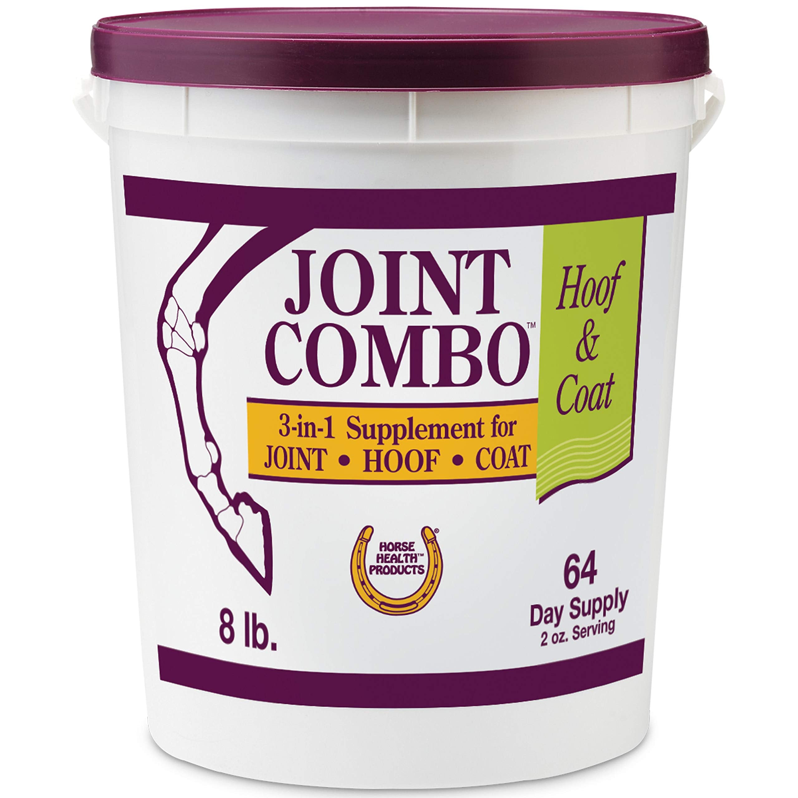 Horse Health Joint Combo pellets in a bottle for convenient joint and coat support.