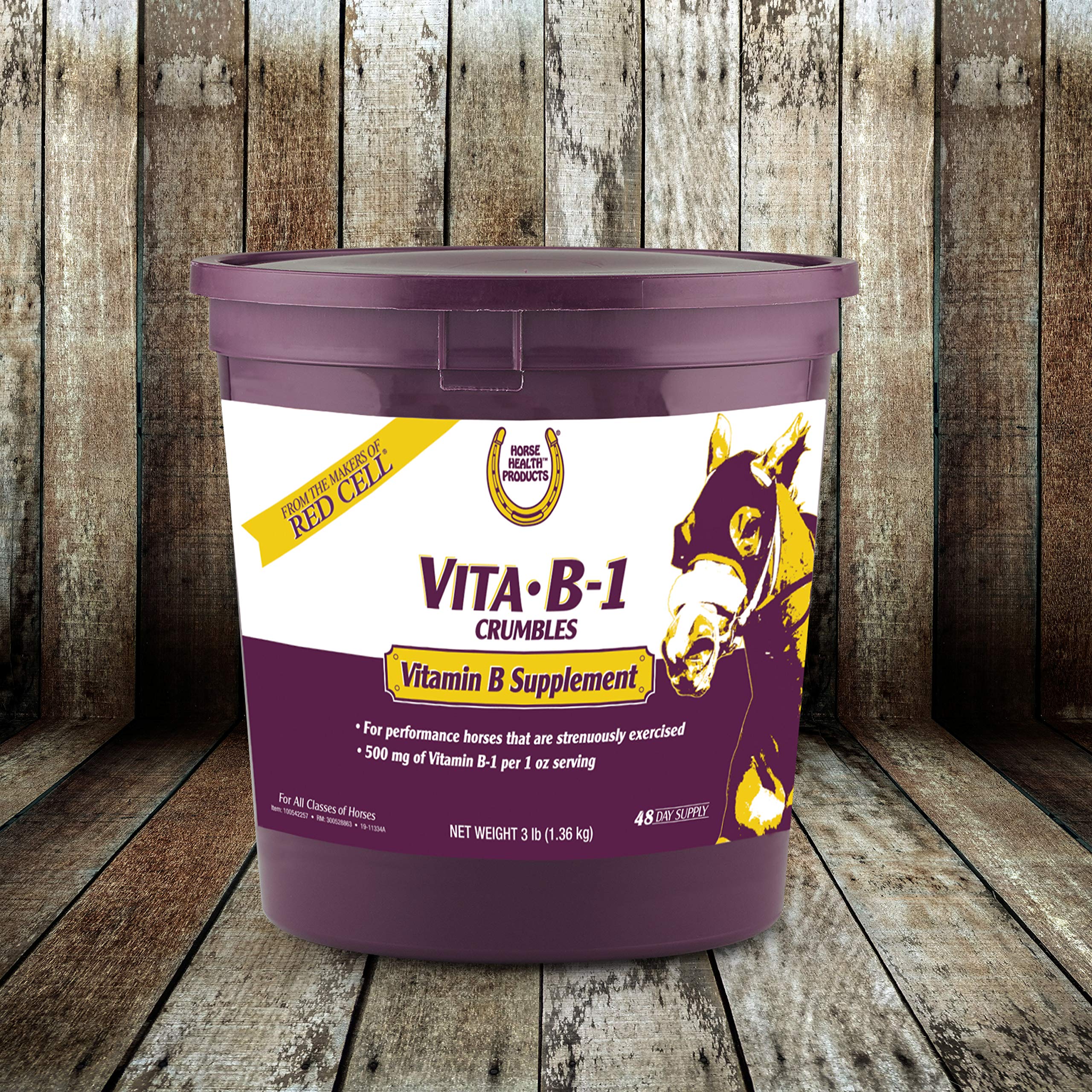 Horse Health Vita B-1 Crumbles packaging shown for easy feeding benefits