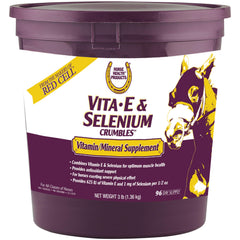 Horse Health Vita E & Selenium Crumbles bottle pour, supports endurance and recovery.