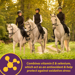 Horse Health Vita E & Selenium Crumbles in feed trough, promotes antioxidant defense.