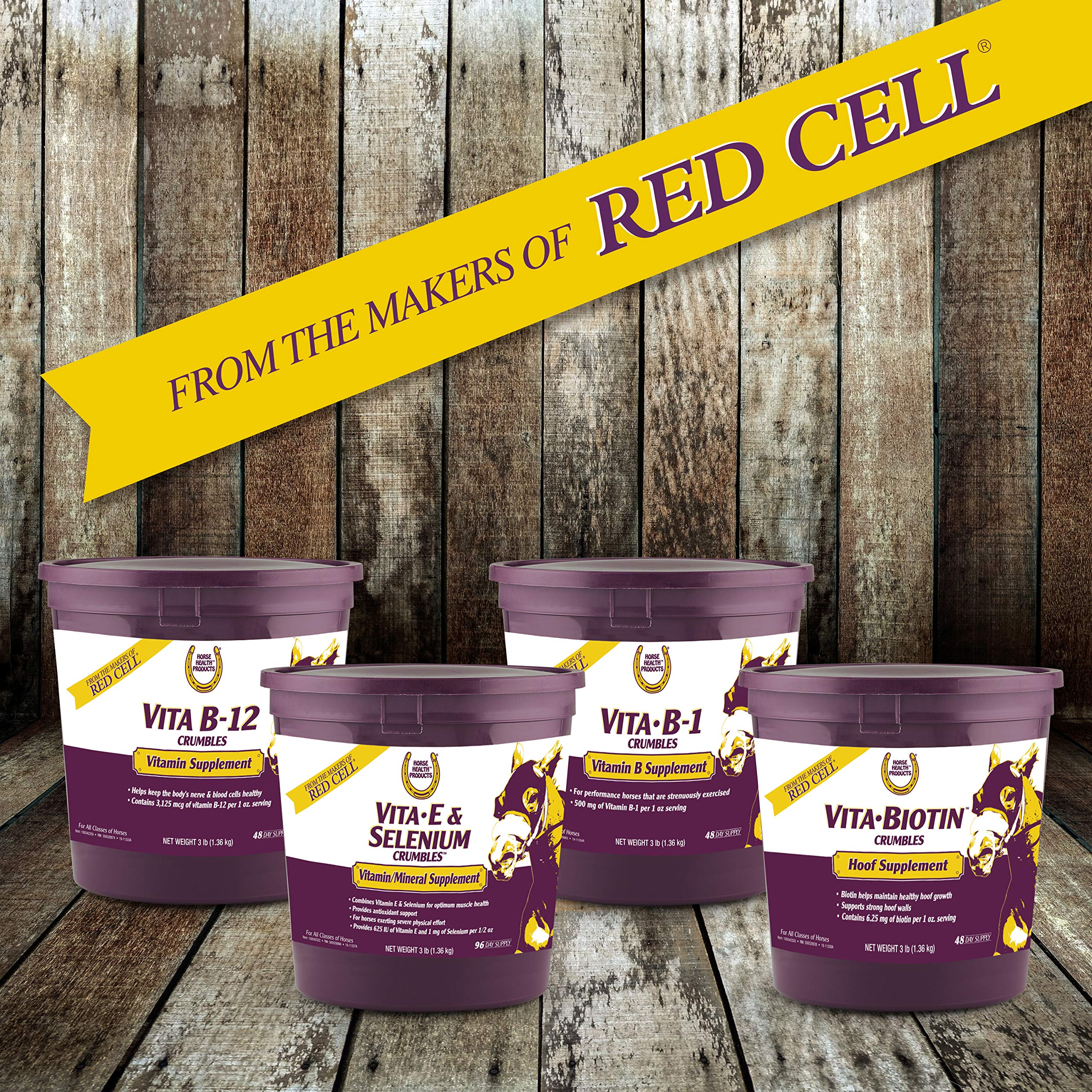 Horse Health Vita E & Selenium Crumbles on hay rack, helps muscle support during workouts.