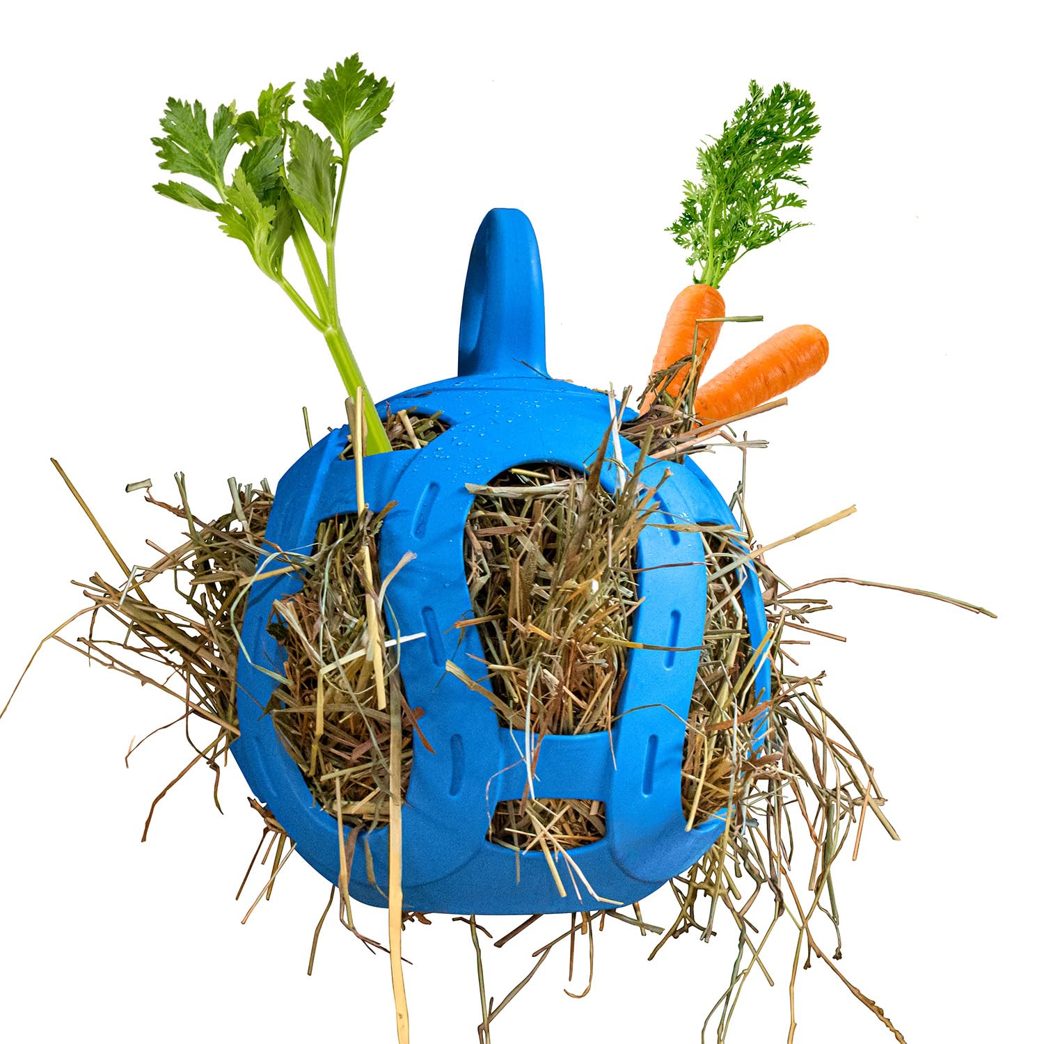 Horsemen's Pride Jolly Hay Ball blue 8-inch provides interactive enrichment for stalled horses.