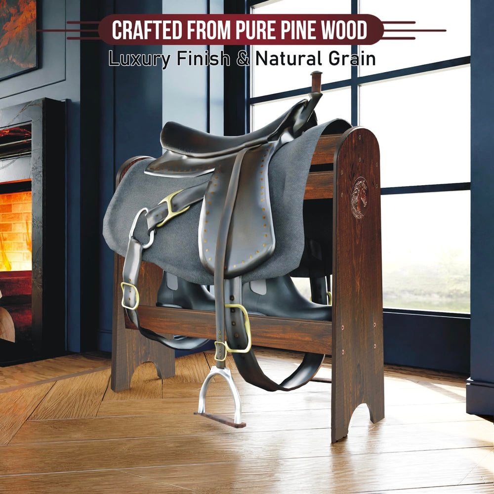 HOTCAN horse badge detail on the saddle rack for Western flair