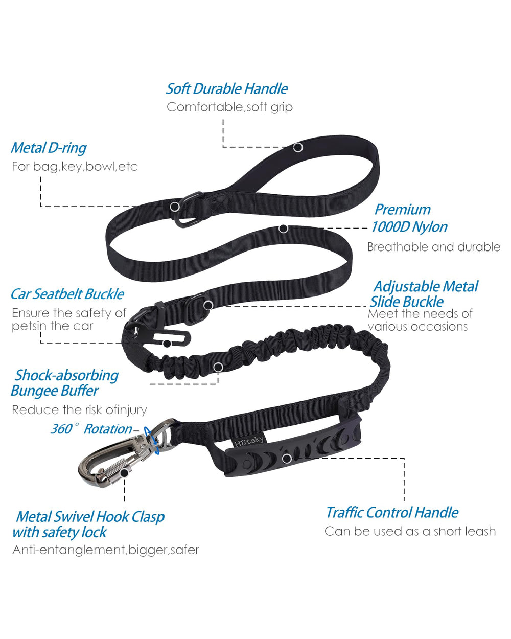 Hotsky leash with padded dual handles for comfortable long walks