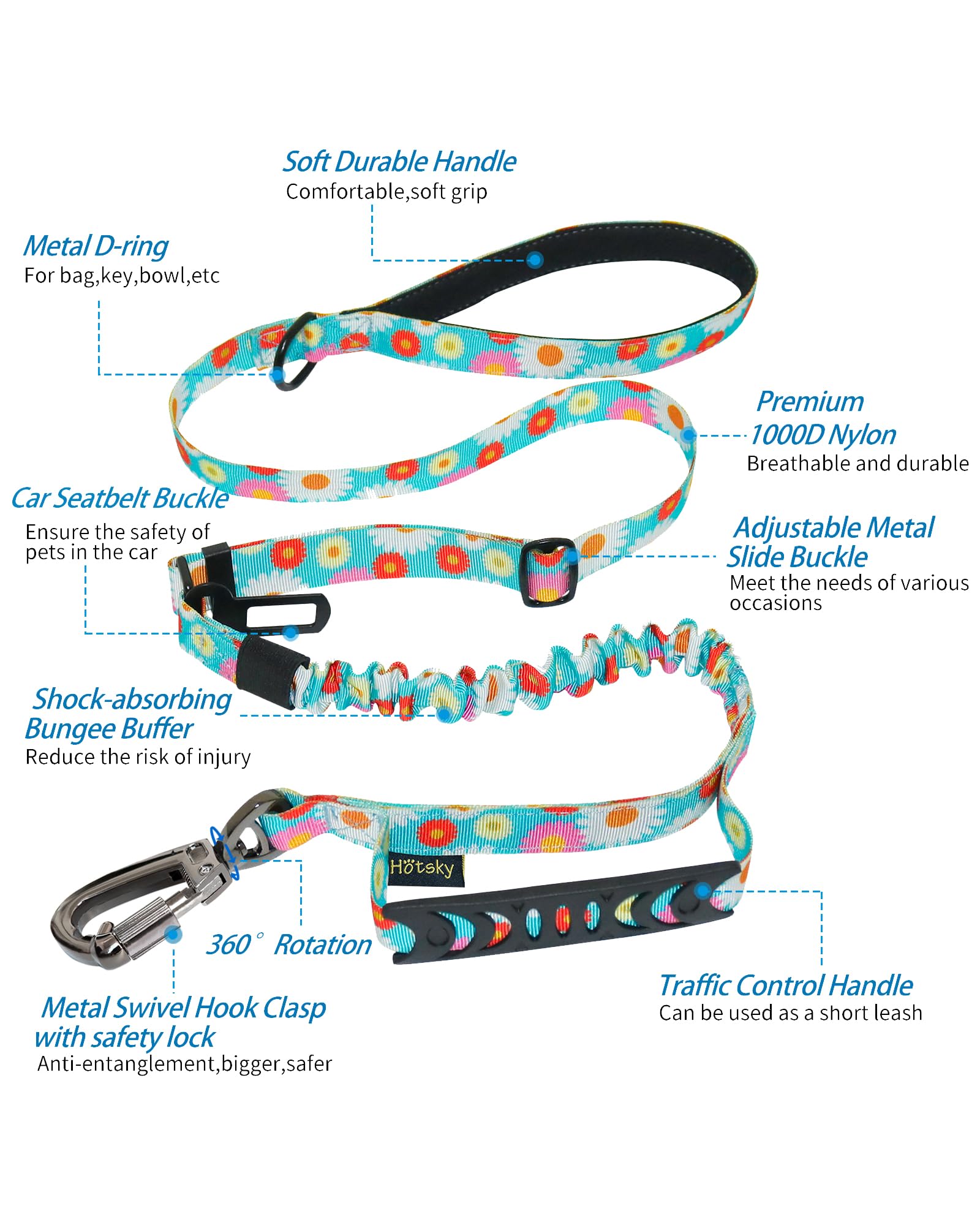 Hotsky heavy-duty leash with 4-6ft length and elastic stretch.
