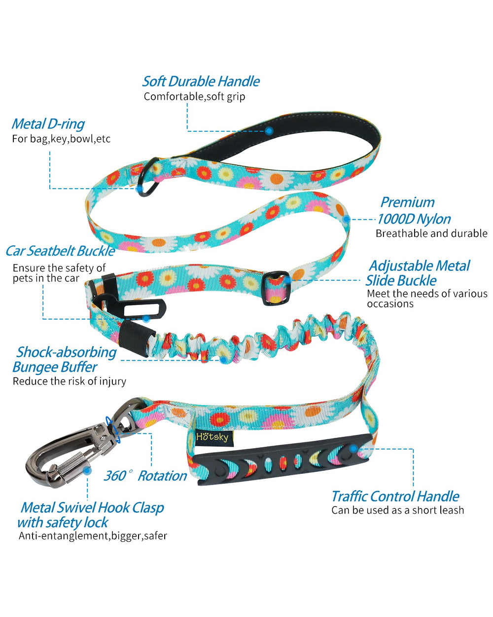 Hotsky heavy-duty leash with 4-6ft length and elastic stretch.