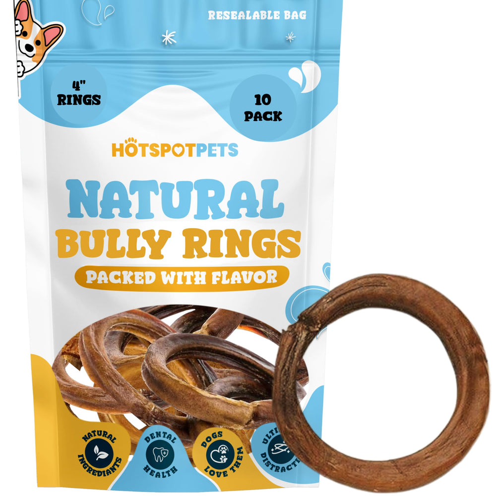 Dog chewing action with Hotspot Pets bully stick rings during playtime.