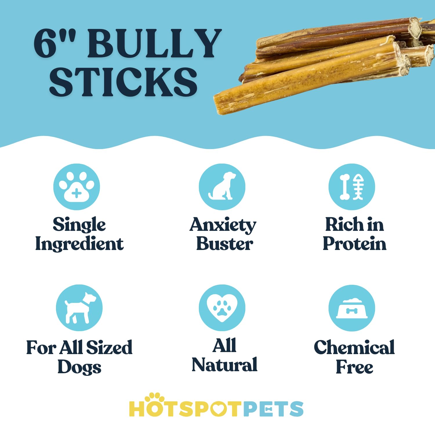 Hotspot Pets Bully Sticks 6 Inch Pack side view shows natural beef chew.