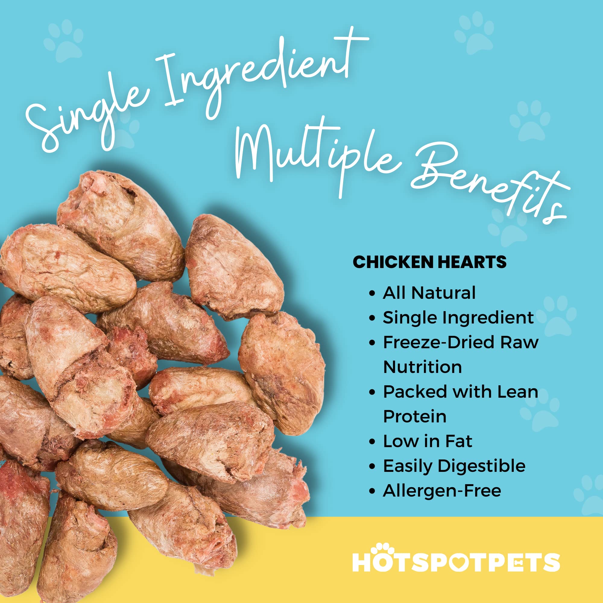 Close-up of Hotspot Pets chicken heart treats highlighting single-ingredient nutrition.