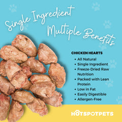 Close-up of Hotspot Pets chicken heart treats highlighting single-ingredient nutrition.