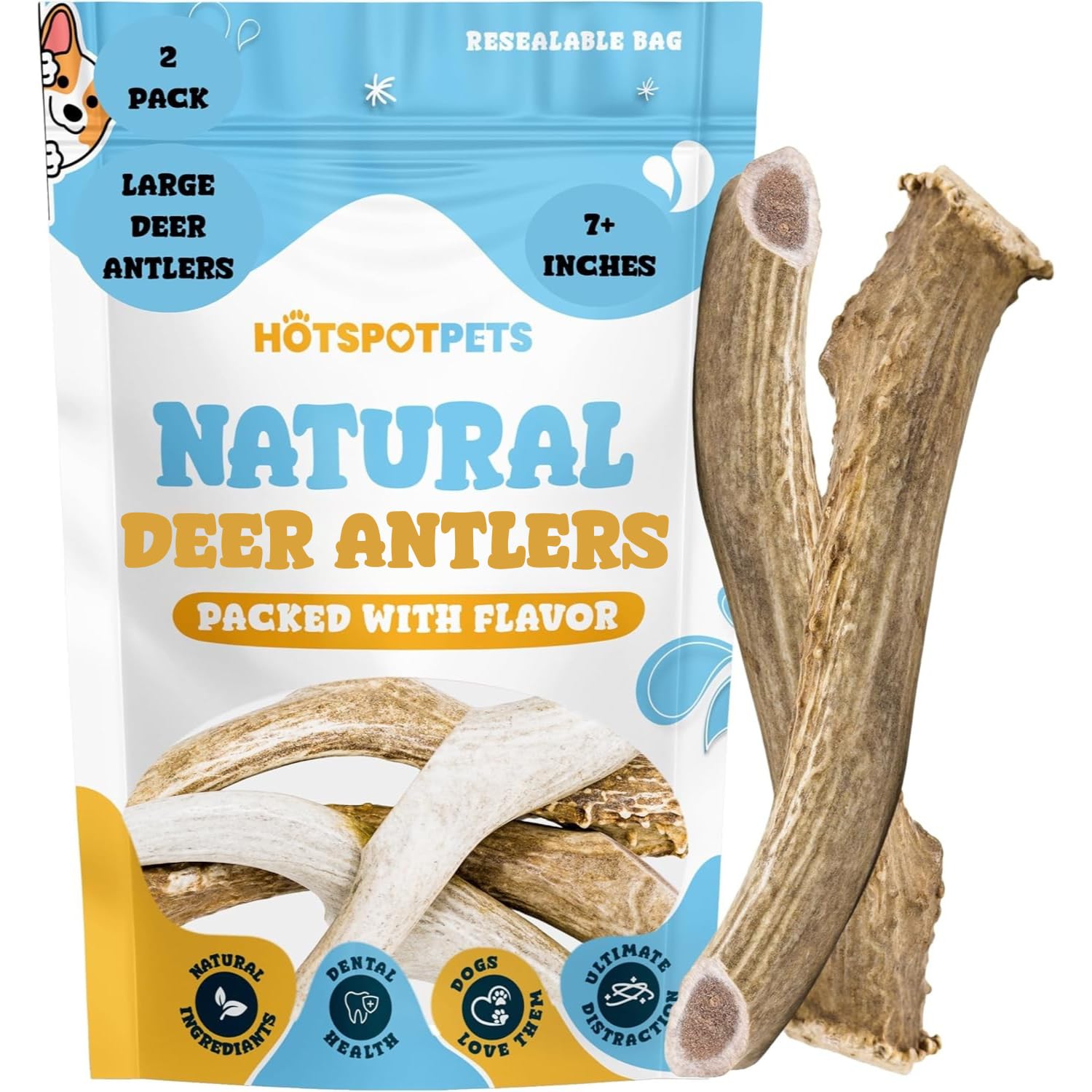 Hotspot Pets 7-inch deer antlers two-pack for large dogs, long-lasting chew
