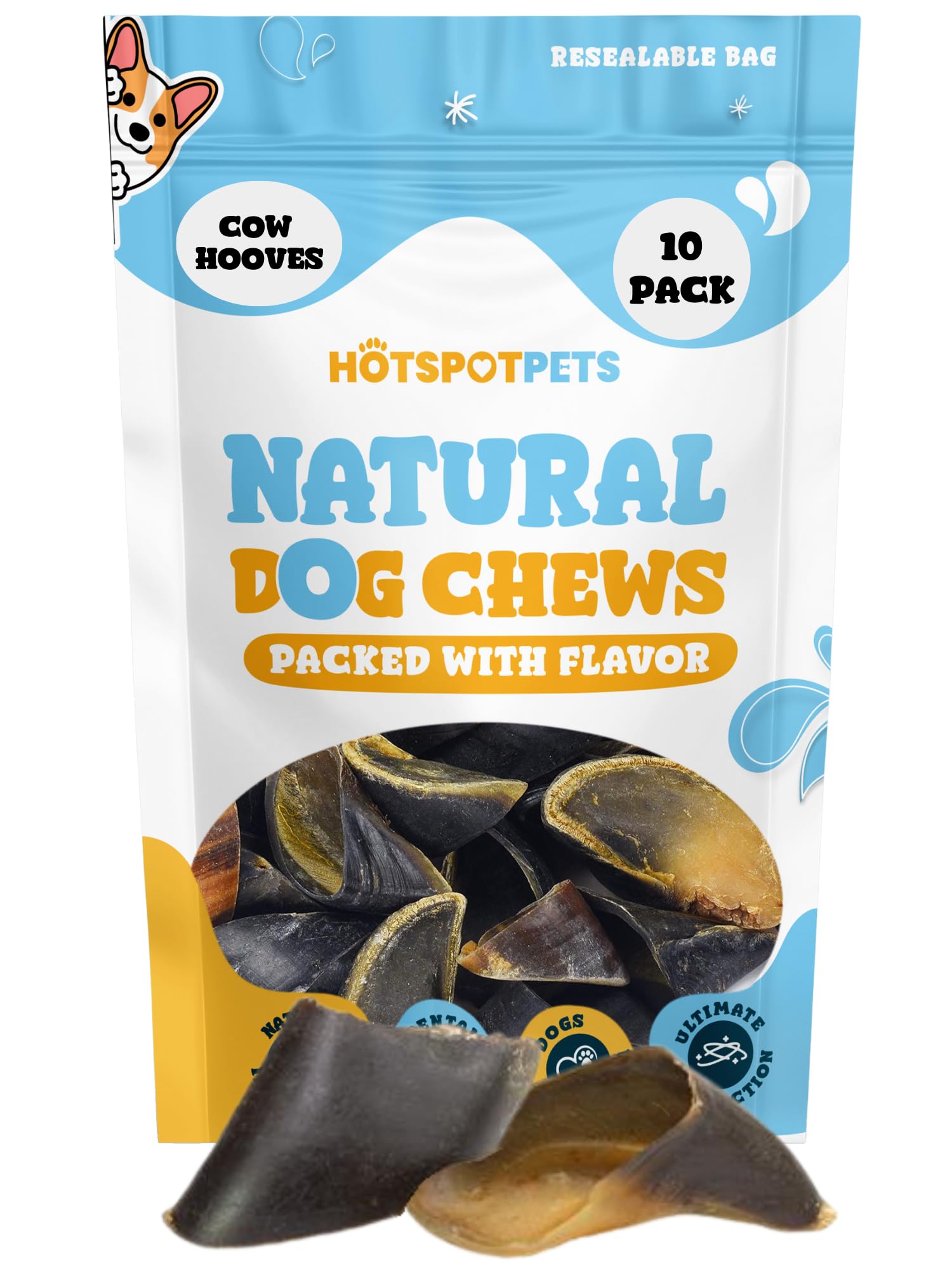 Hotspot Pets full-size cow hooves for dogs, a long-lasting chew option.