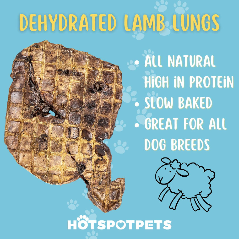 Hotspot Pets lamb lung treats, dehydrated texture shown for long-lasting flavor.