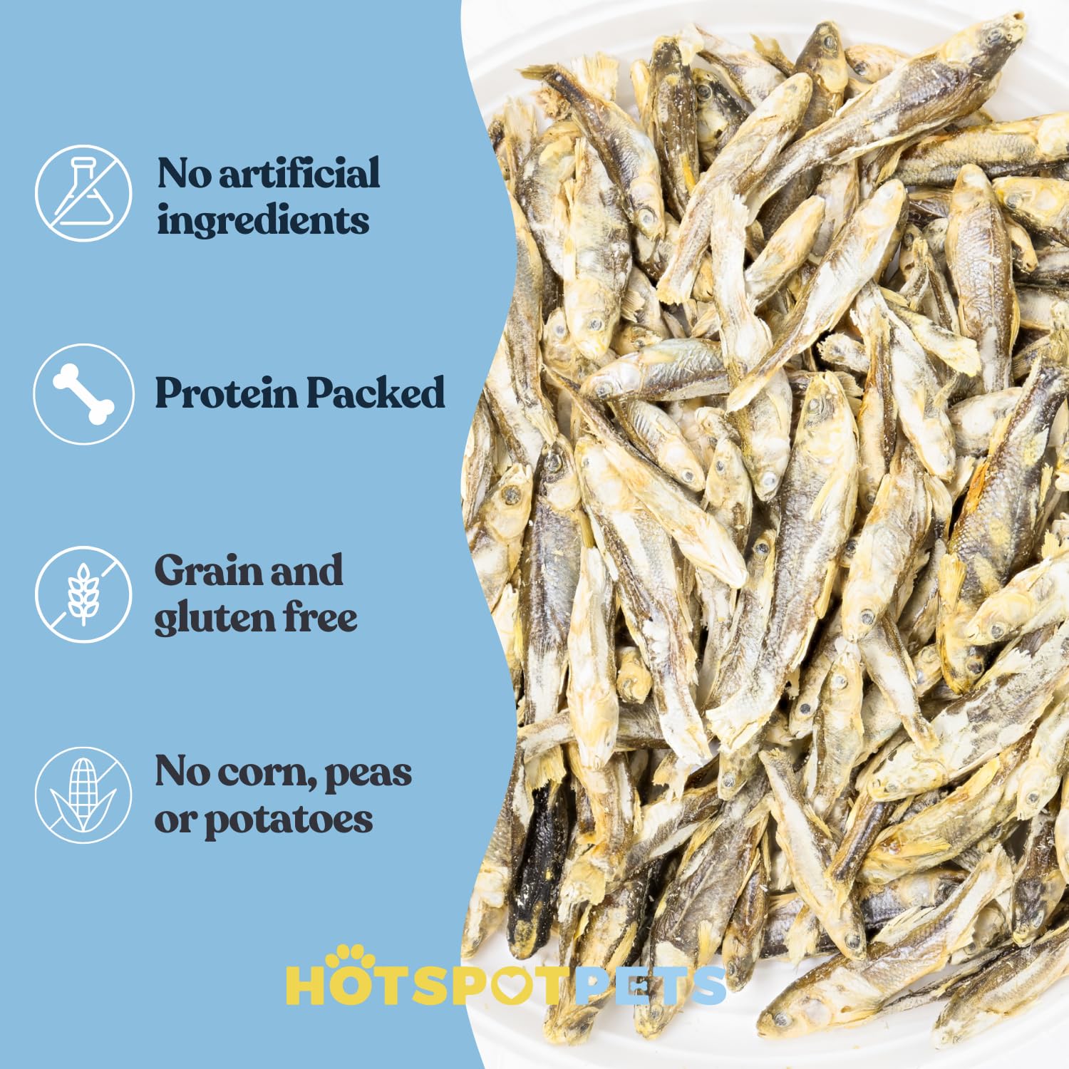 Hotspot Pets minnow treat label emphasizes single-ingredient grain-free formula