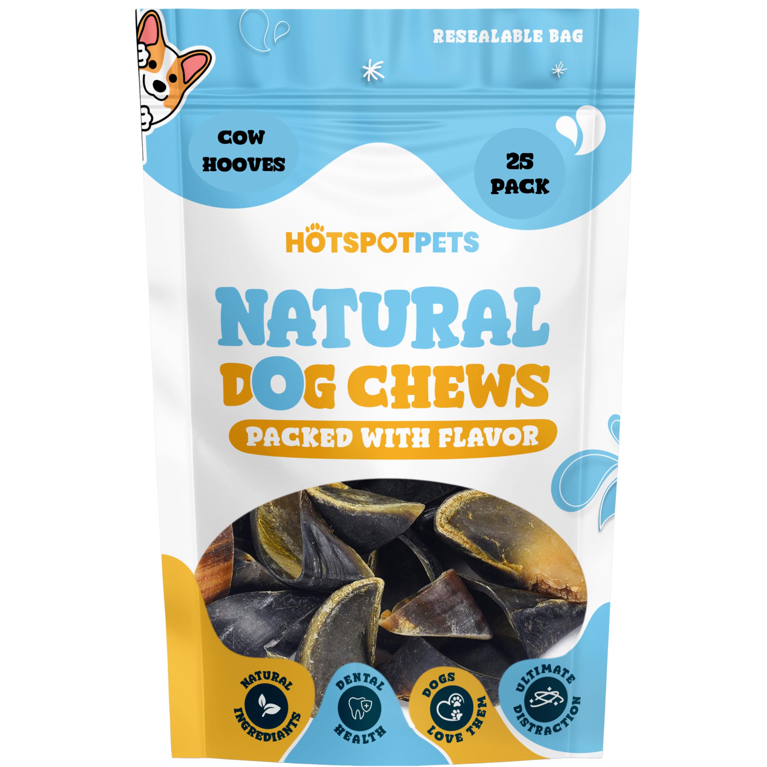 Hotspot Pets packaging front reveals bulk 25-pack for budget-friendly chews.