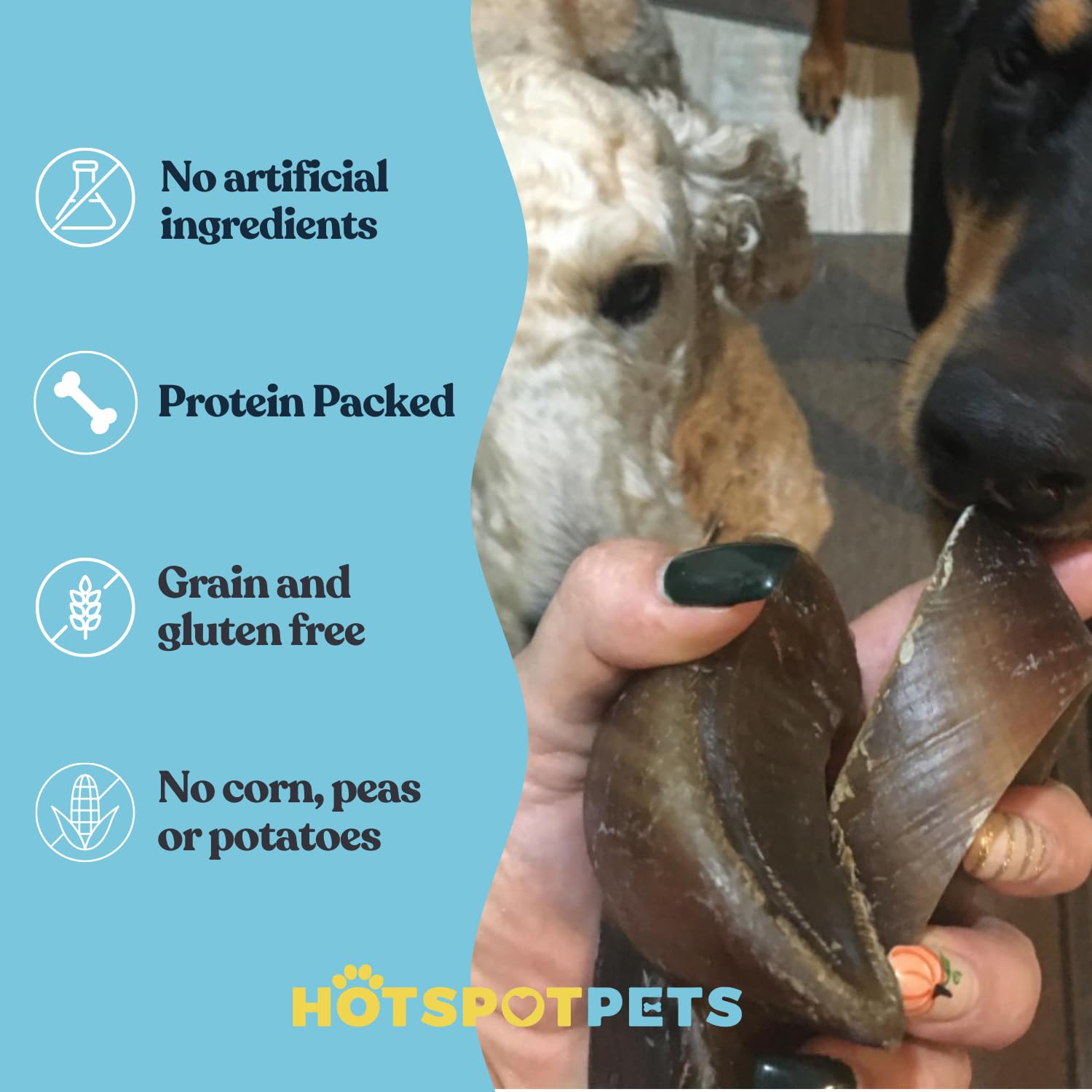 Hotspot Pets resealable bag preserves freshness of cow hooves dog chews.