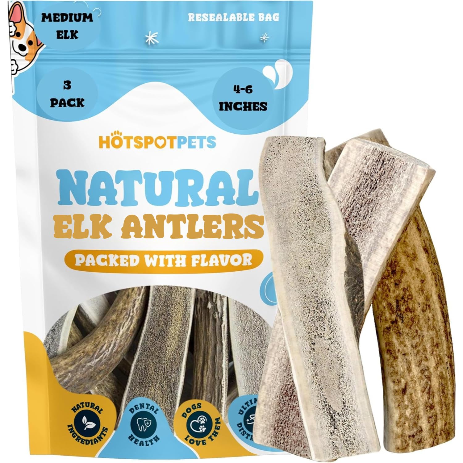 Hotspot Pets split elk antlers for dogs 4-6 inches, durable chew for medium dogs.