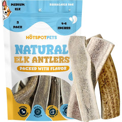 Hotspot Pets split elk antlers for dogs 4-6 inches, durable chew for medium dogs.