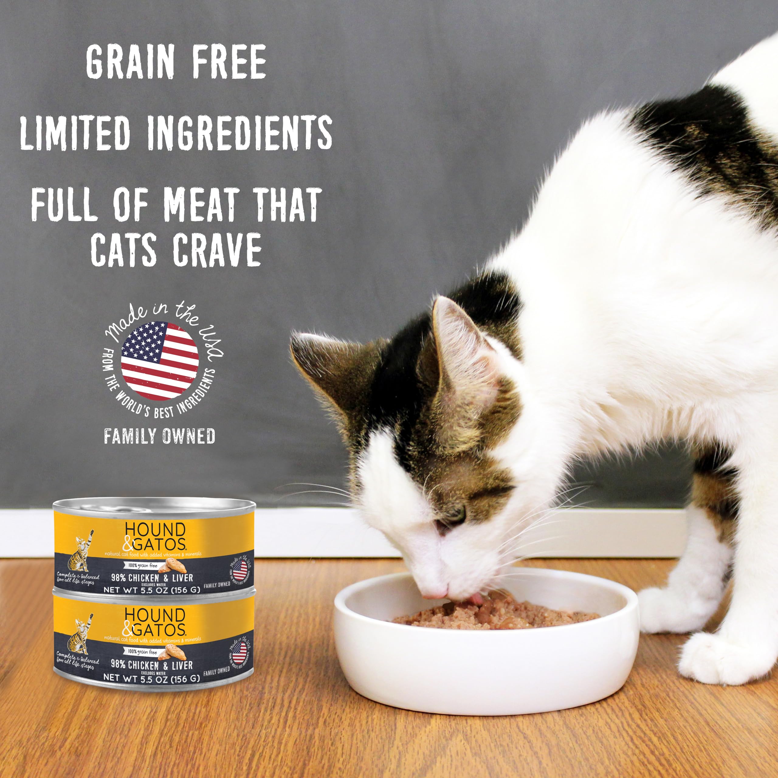 Serving bowl features Hound & Gatos chicken wet cat food, 98% real meat for high-protein meals.