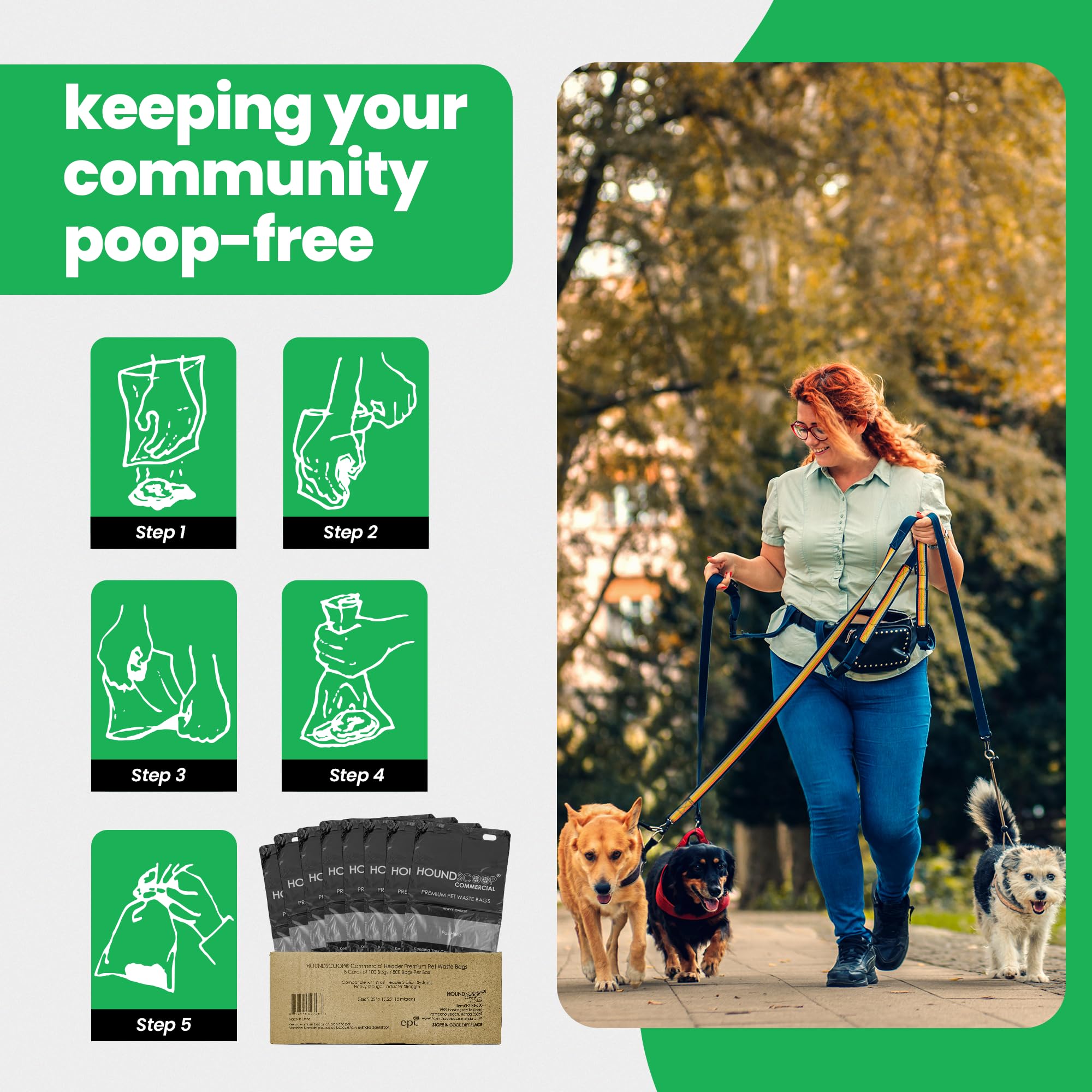 HOUNDSCOOP flat-pack poop bags support quick cleanup.