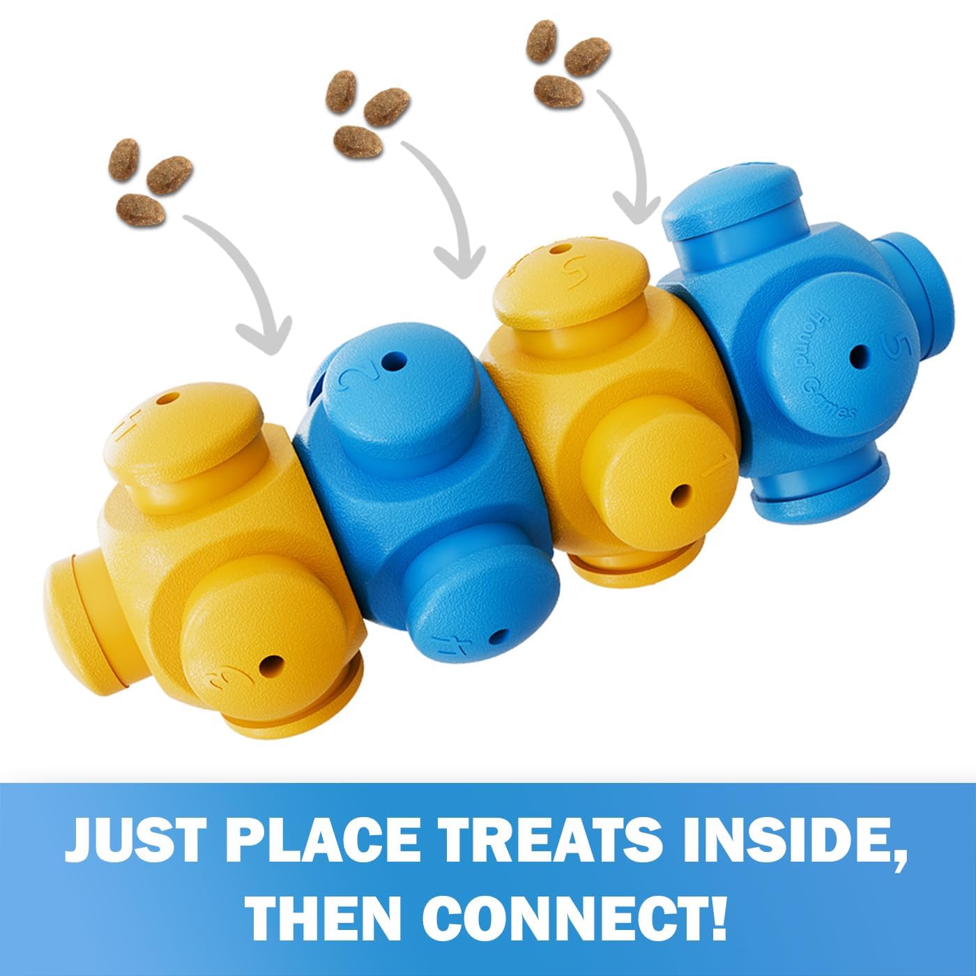 HOUNDGAMES interactive treat dispenser in action to engage bored dogs.