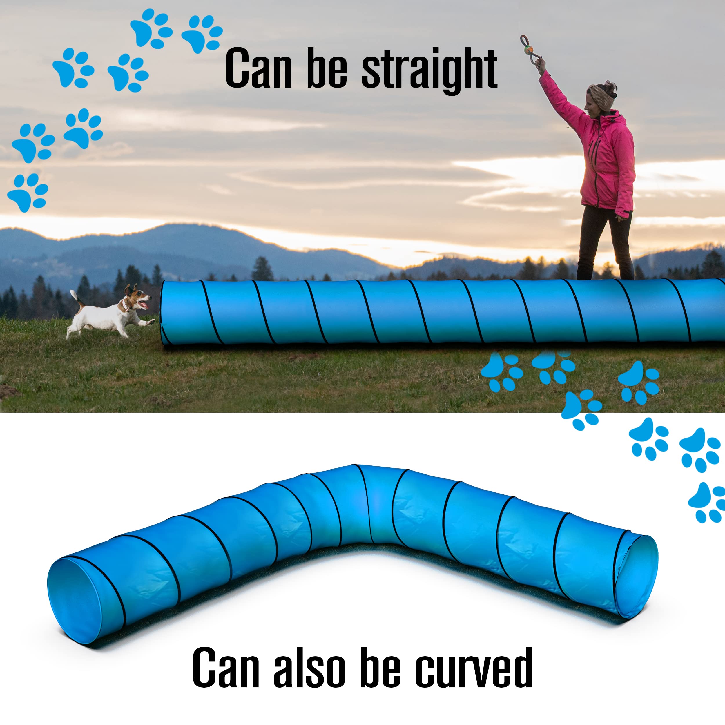 Houseables pop-up dog tunnel with carrying case for easy transport.