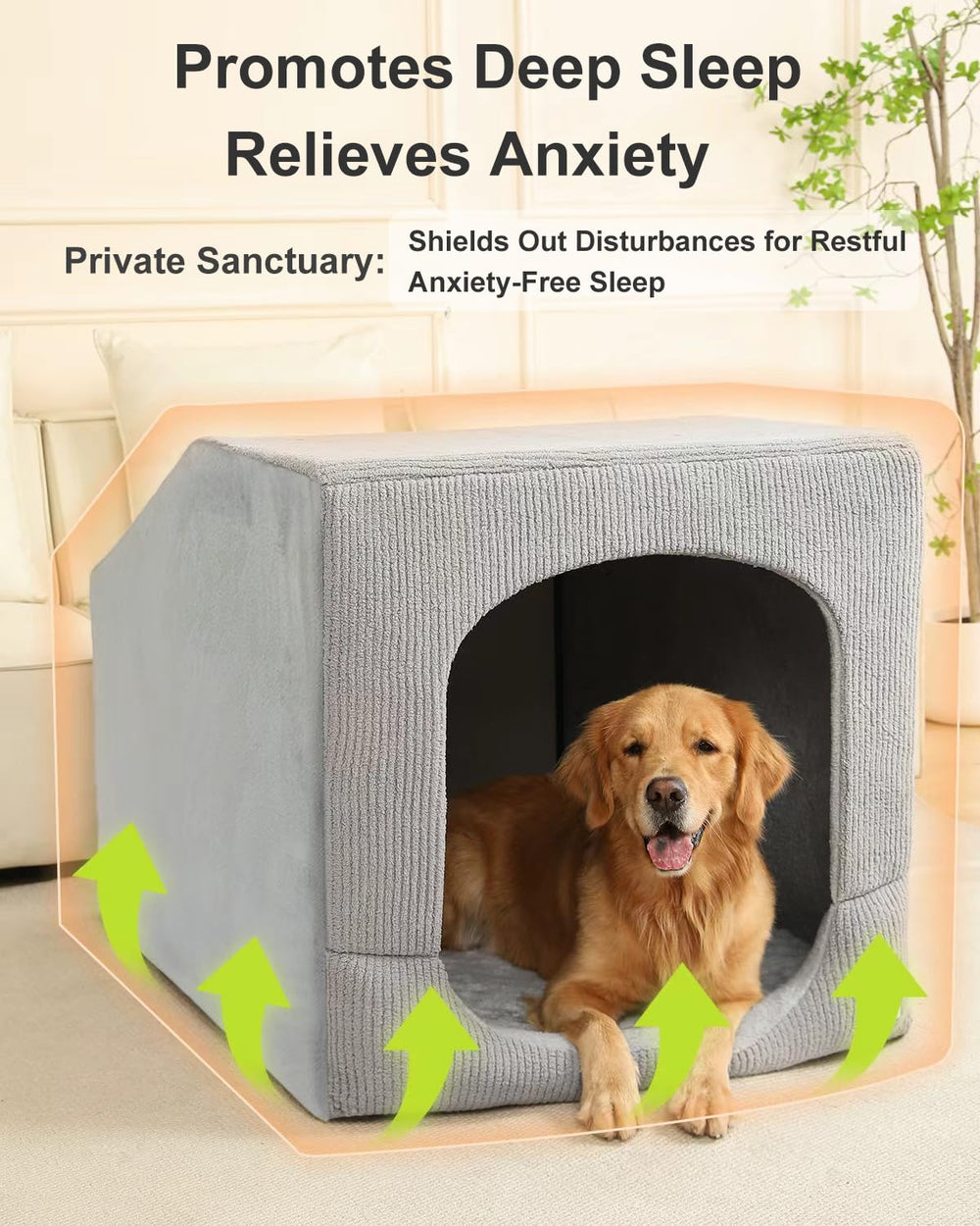 Hovicaed dog house washable cover shown detached for easy cleaning