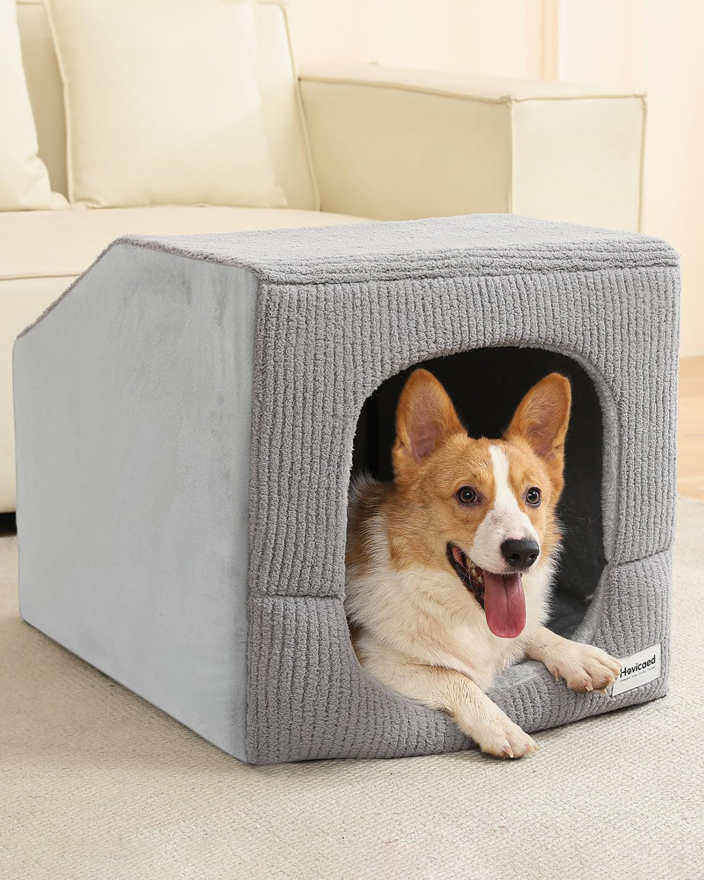 Hovicaed indoor dog house exterior view showing private, cozy space