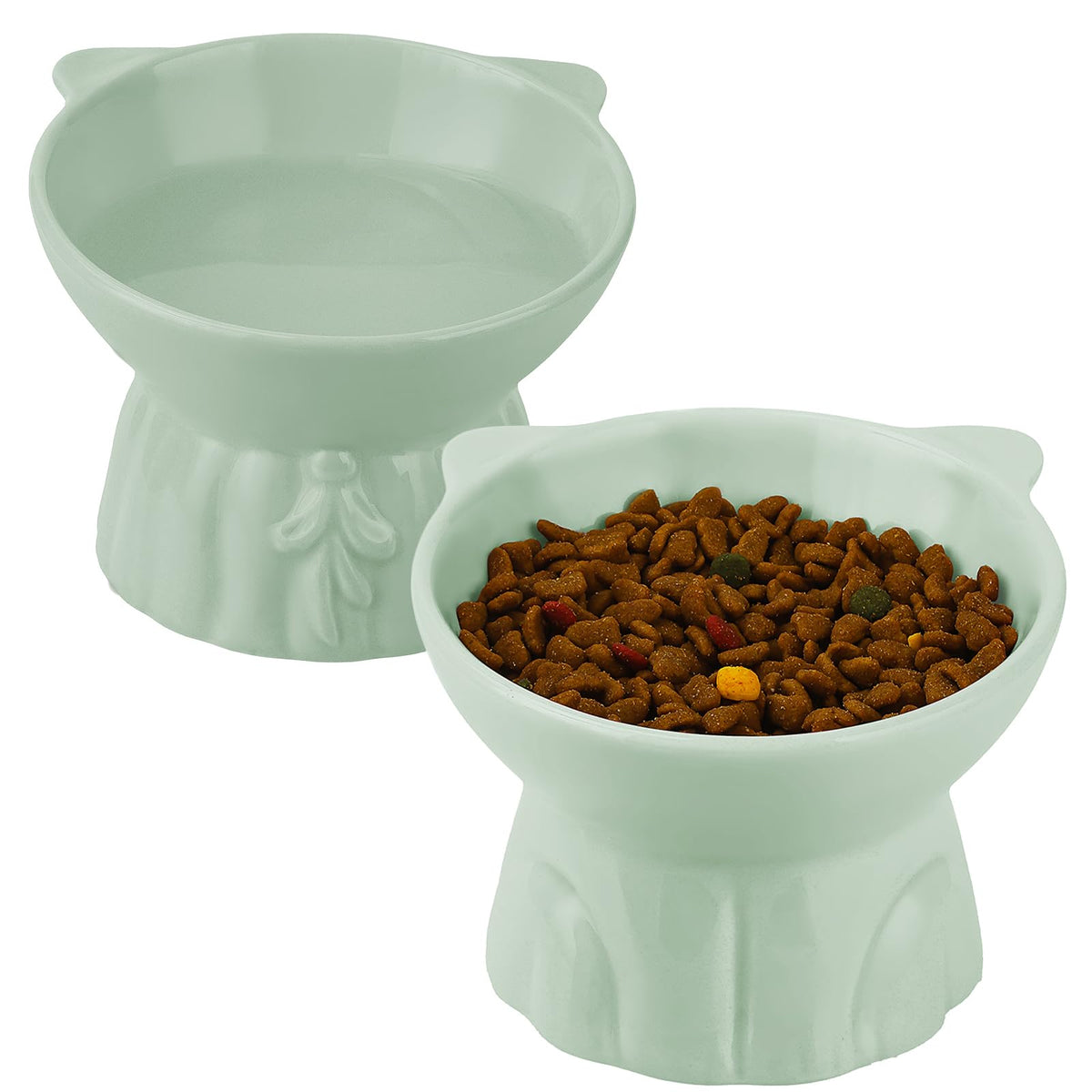 Hovico elevated cat bowls with tilted angle for easier feeding and whisker comfort.