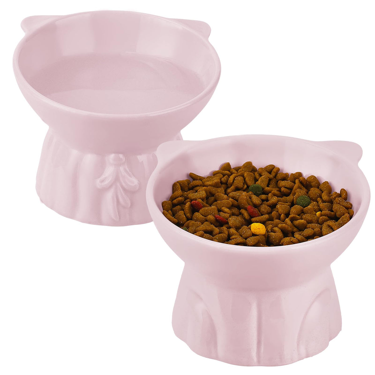 Hovico elevated cat bowls pink tilt for comfortable dining and whisker relief.