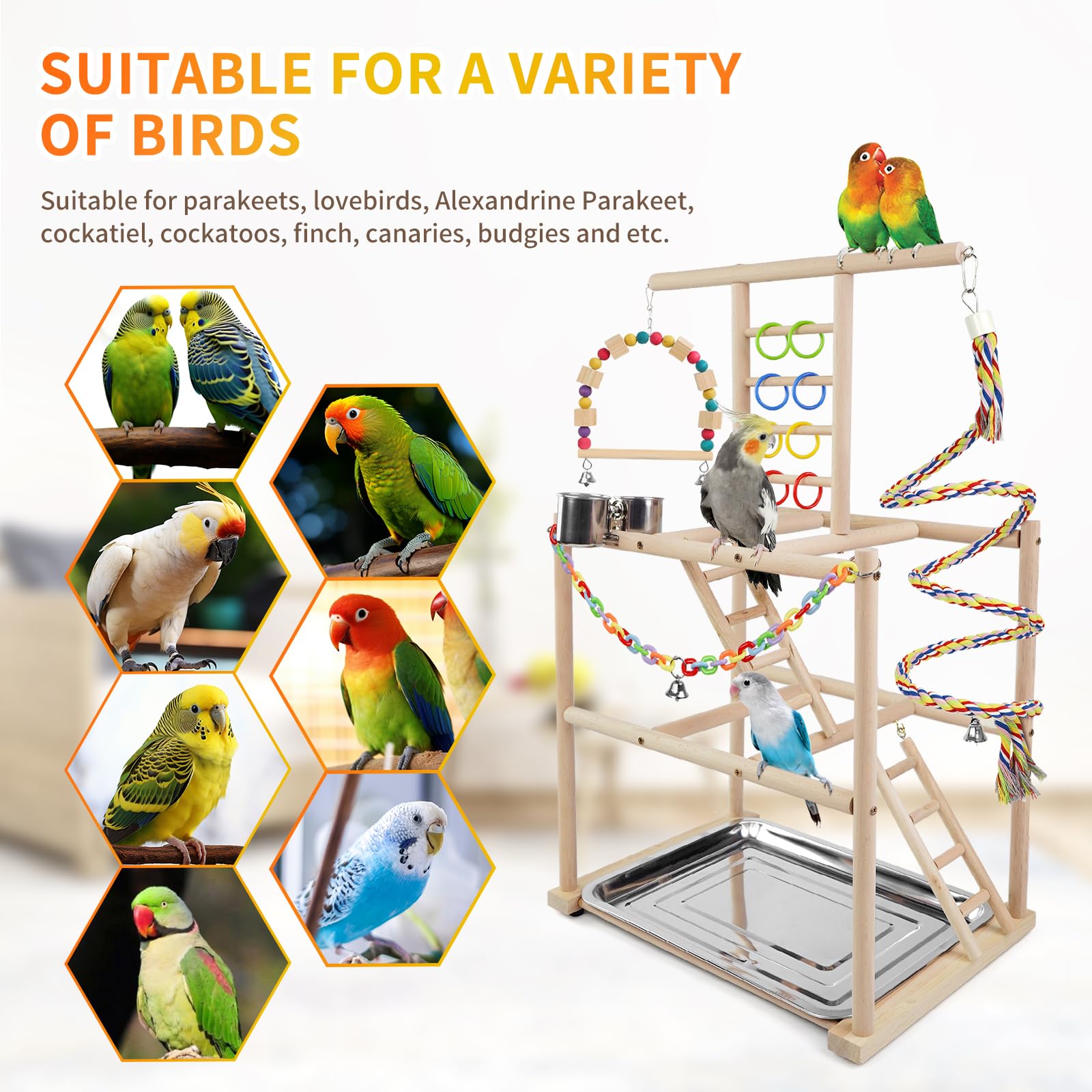 HPAWHOMEPART Bird Playground stainless steel tray keeps mess contained