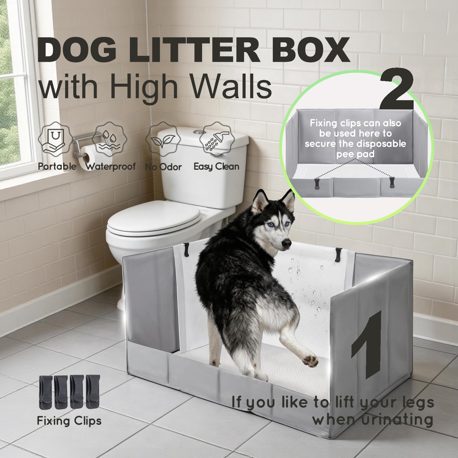 HQ4US 4LEGS high-walls dog litter box contains mess to protect floors.