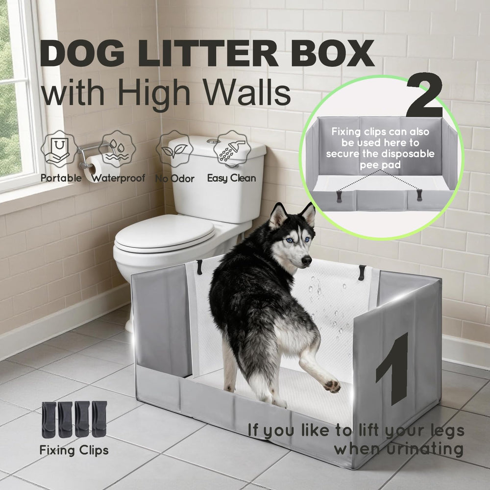 HQ4US 4LEGS high-walls dog litter box contains mess to protect floors.