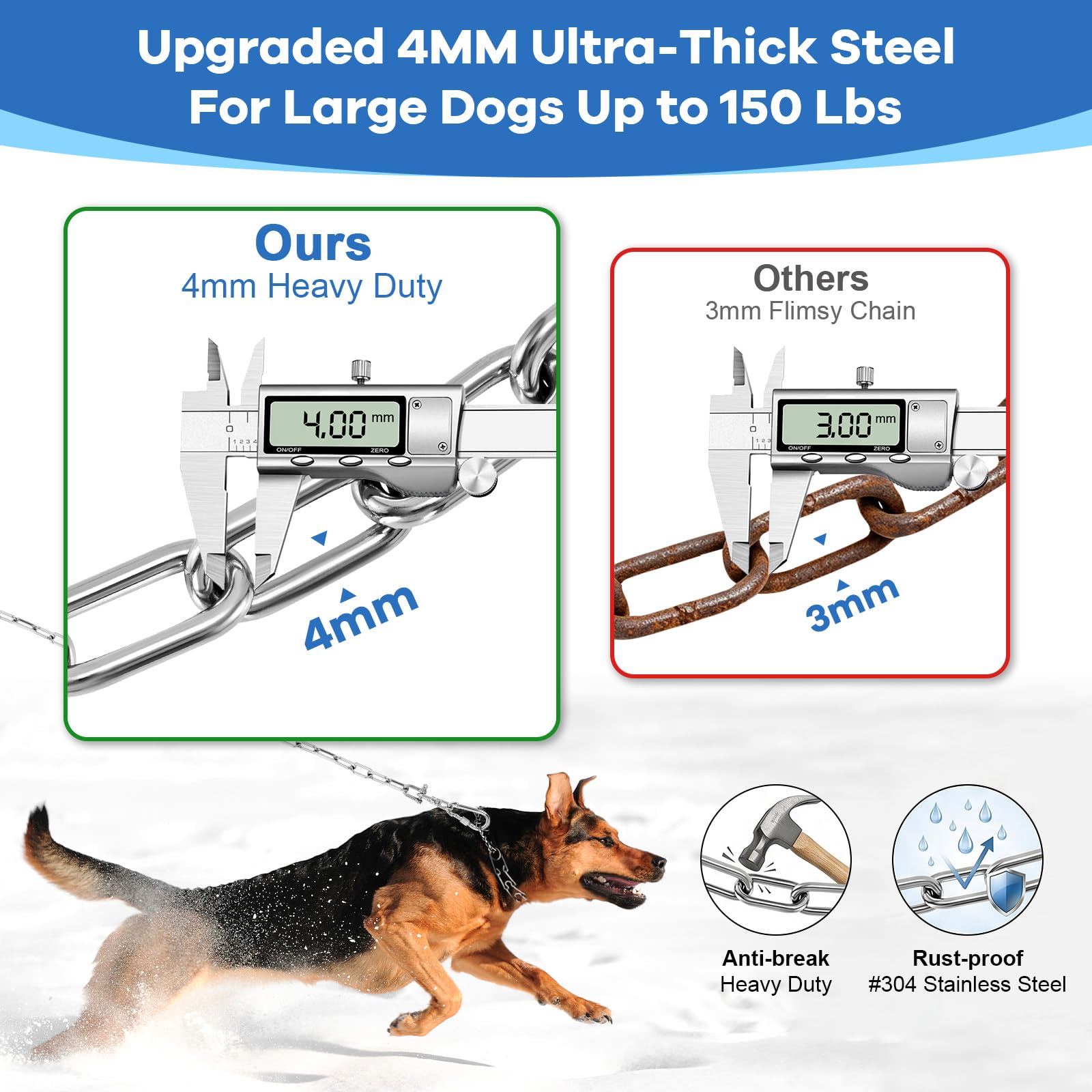 HQQNUO dog chain featuring a 360° rotating buckle to reduce tangling outdoors.