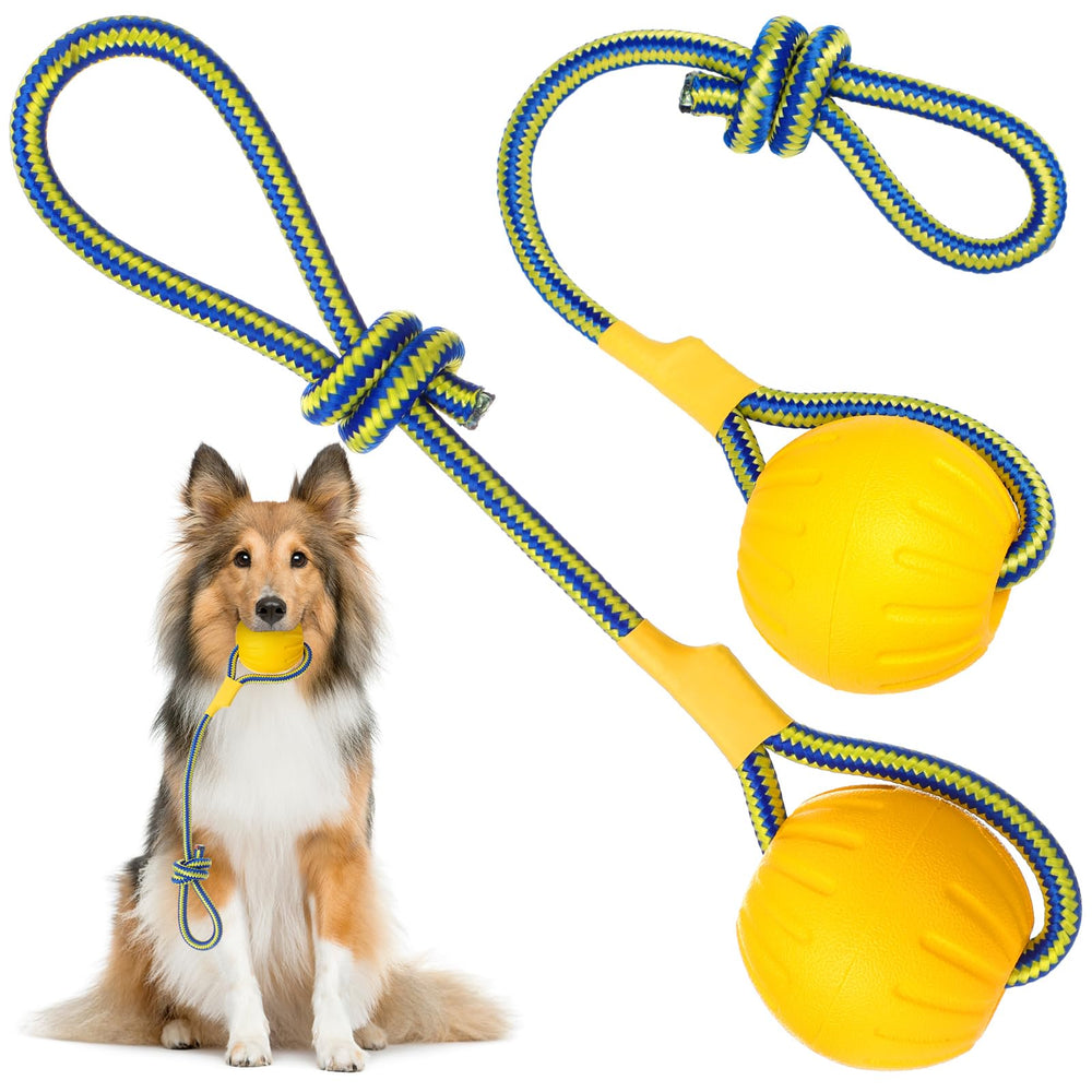 Hsei dog ball with rope in yellow, two-pack for fetch and tug games.