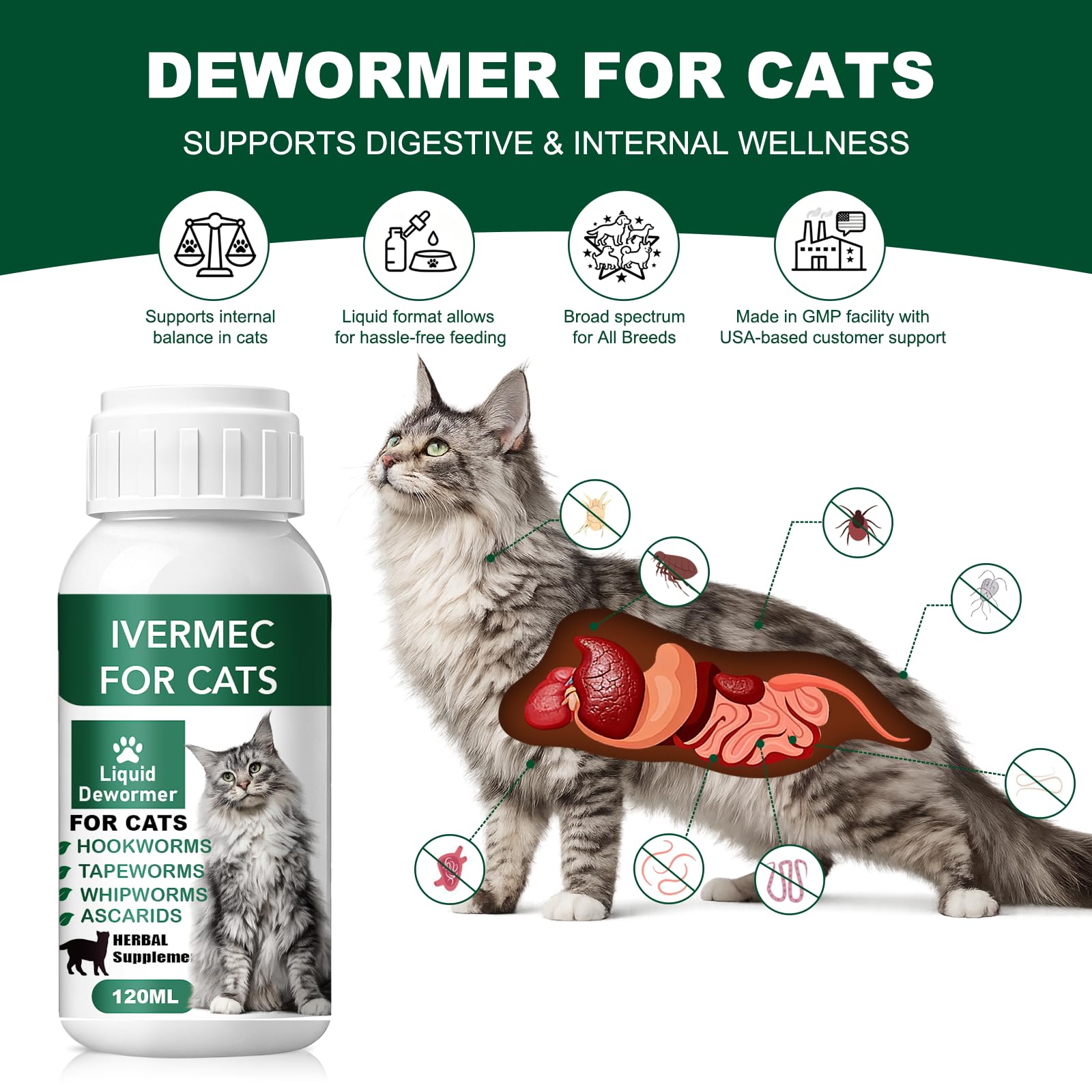 HSL Cat Dewormer Liquid drops ready to mix with meals.
