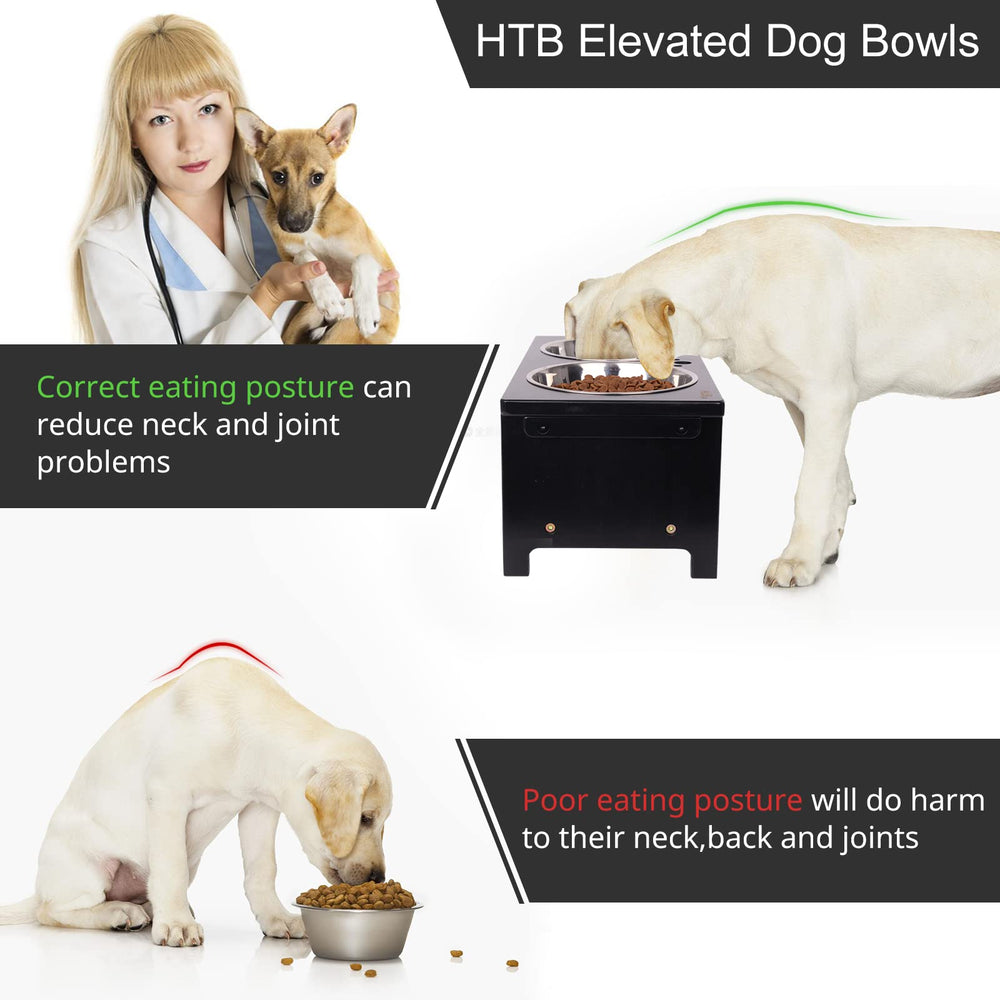 HTB elevated feeder accommodates large, medium, and small dogs comfortably.